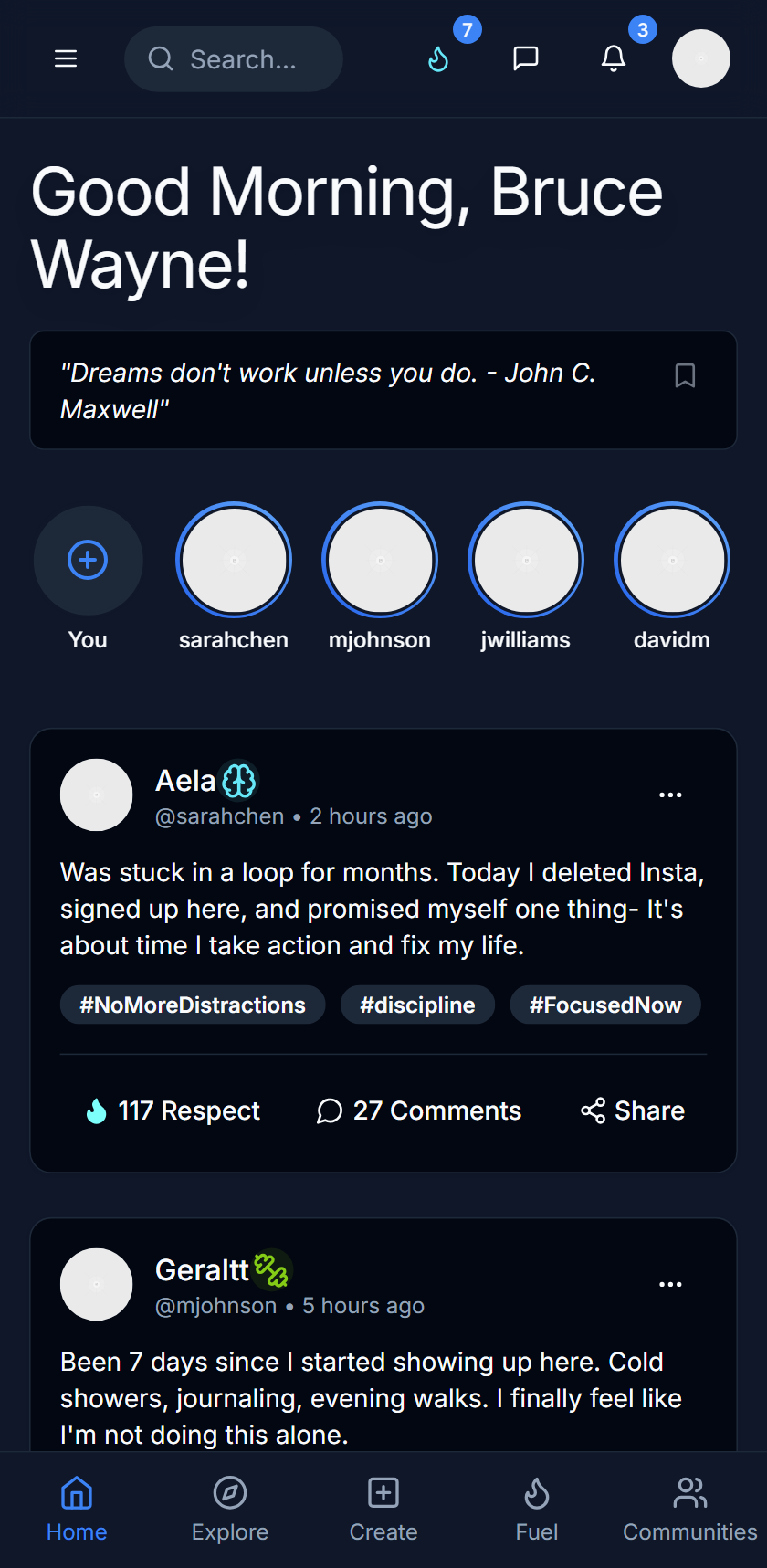 Kelicalix App Interface - Social platform focused on personal growth and discipline
